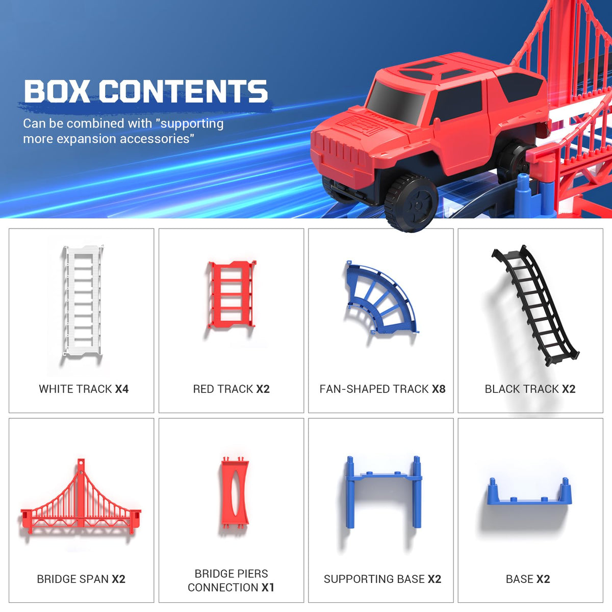 JOYBLI DIY Construction Race Track Set – 24-Piece Battery-Powered Car & Bridge Track for Kids 6-8