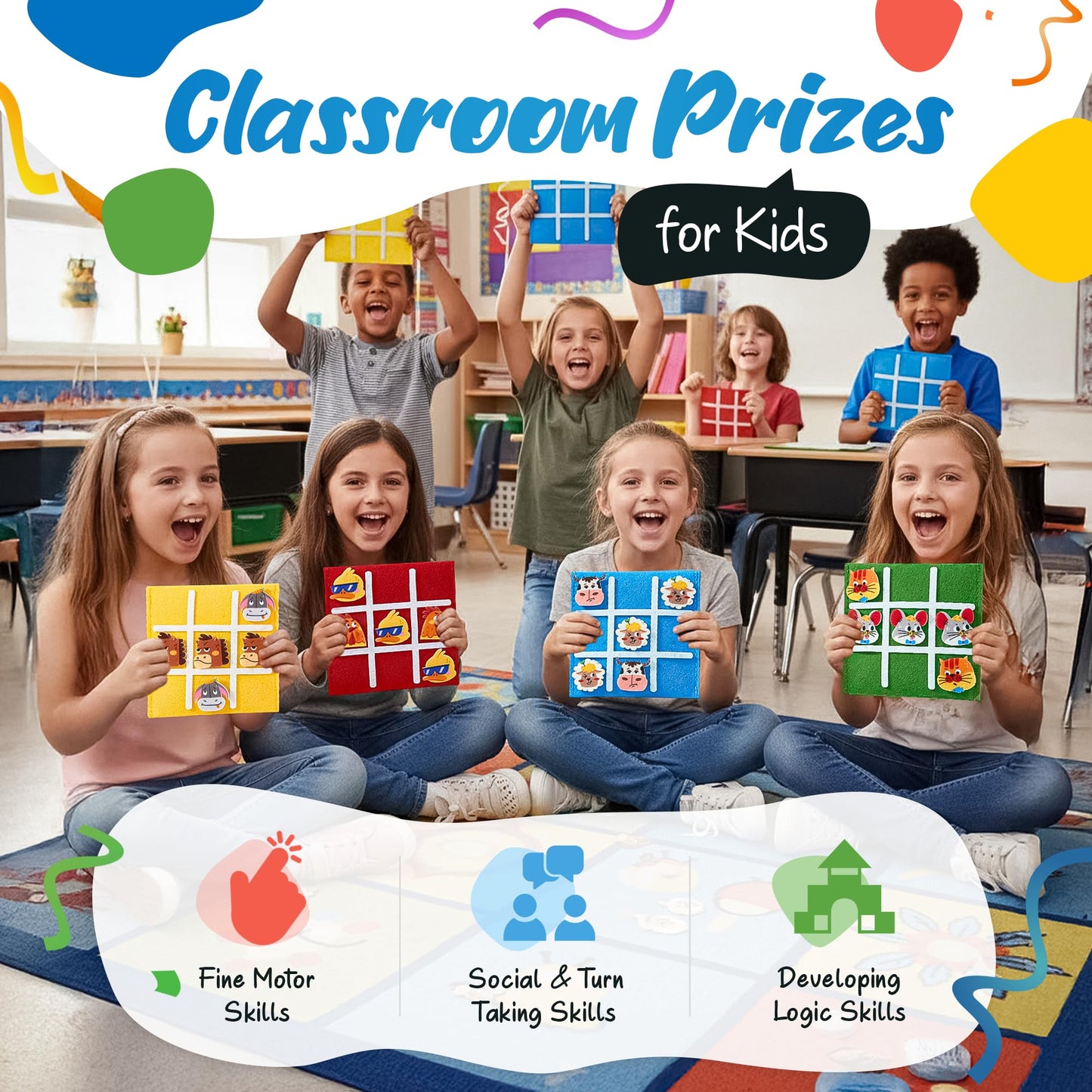 JoyCat 24 Pack Tic Tac Toe Board Game – Farm Theme, Party Favors & Classroom Prizes