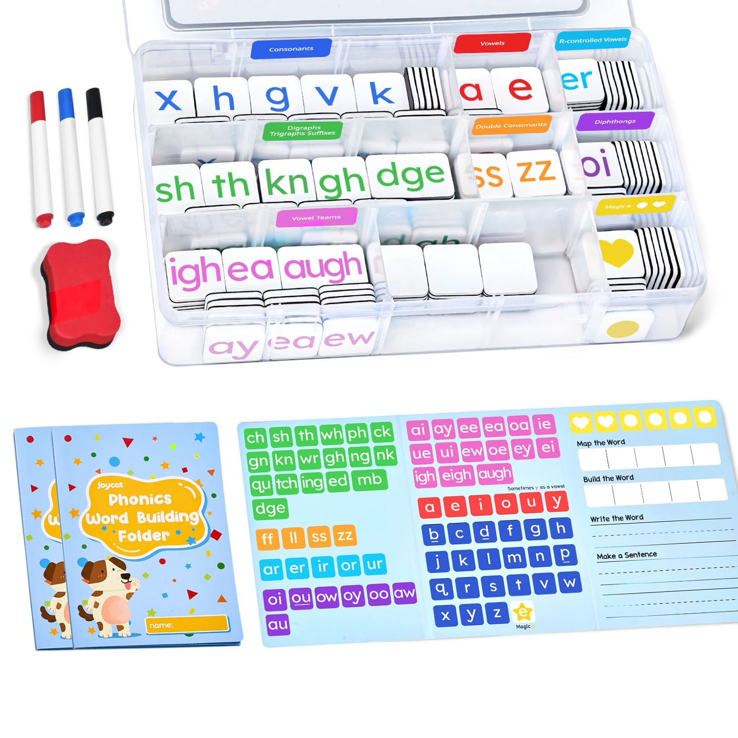 JoyCat 265 Phonics Magnetic Letter Tiles with 3-Folder Set | Portable Case for Classroom Phonics