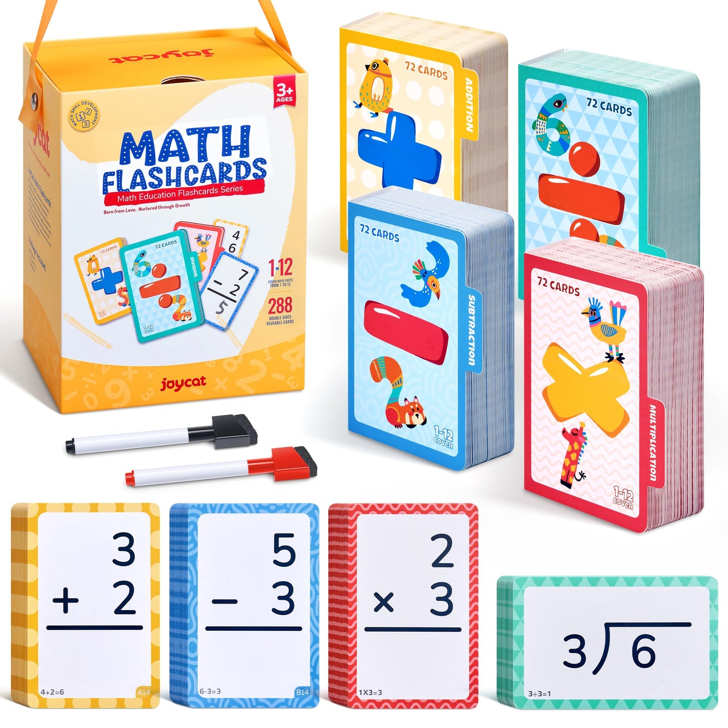 JoyCat 288 Math Flash Cards Set — Multiplication, Addition, Subtraction & Division (72 cards each) for 1st–5th Grade