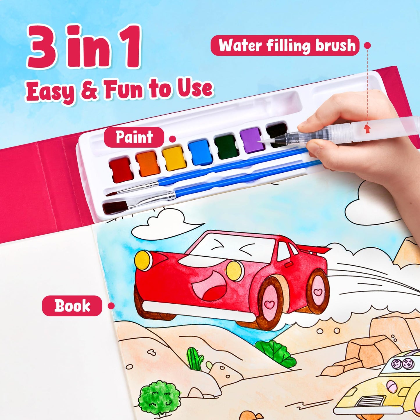 JoyCat Paint with Water Coloring Books for Toddlers – Mess-Free Watercolor Set (Transportation)