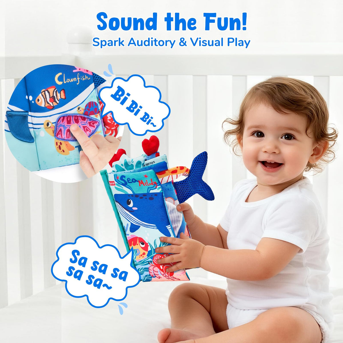 JoyCat Ocean Tummy Time Baby Book — Montessori Sensory Cloth Book with 3D Crab & Mirror