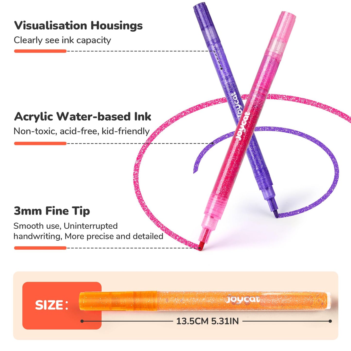 JoyCat 3mm Glitter Markers – 12 Vibrant Colors + 3ml Ink | Multi-Surface Pens