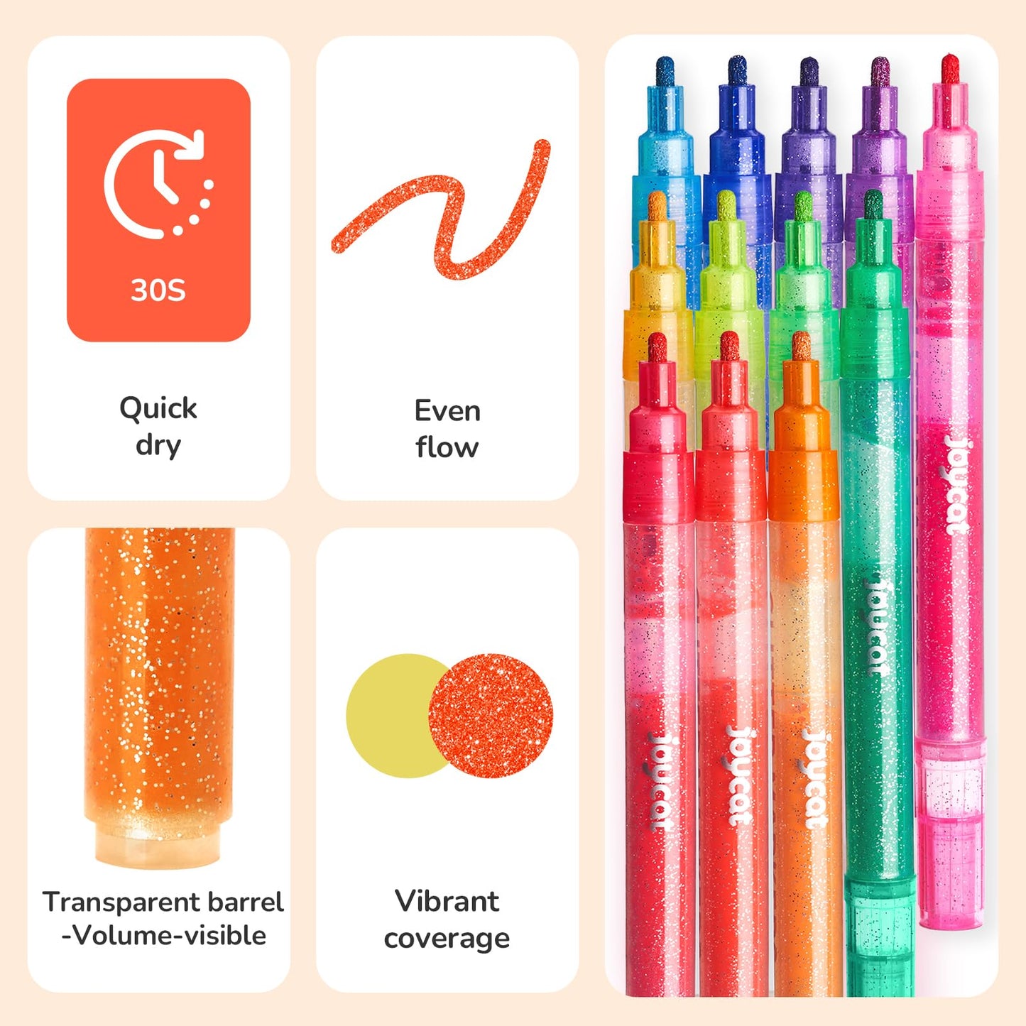 JoyCat 3mm Glitter Markers – 12 Vibrant Colors + 3ml Ink | Multi-Surface Pens