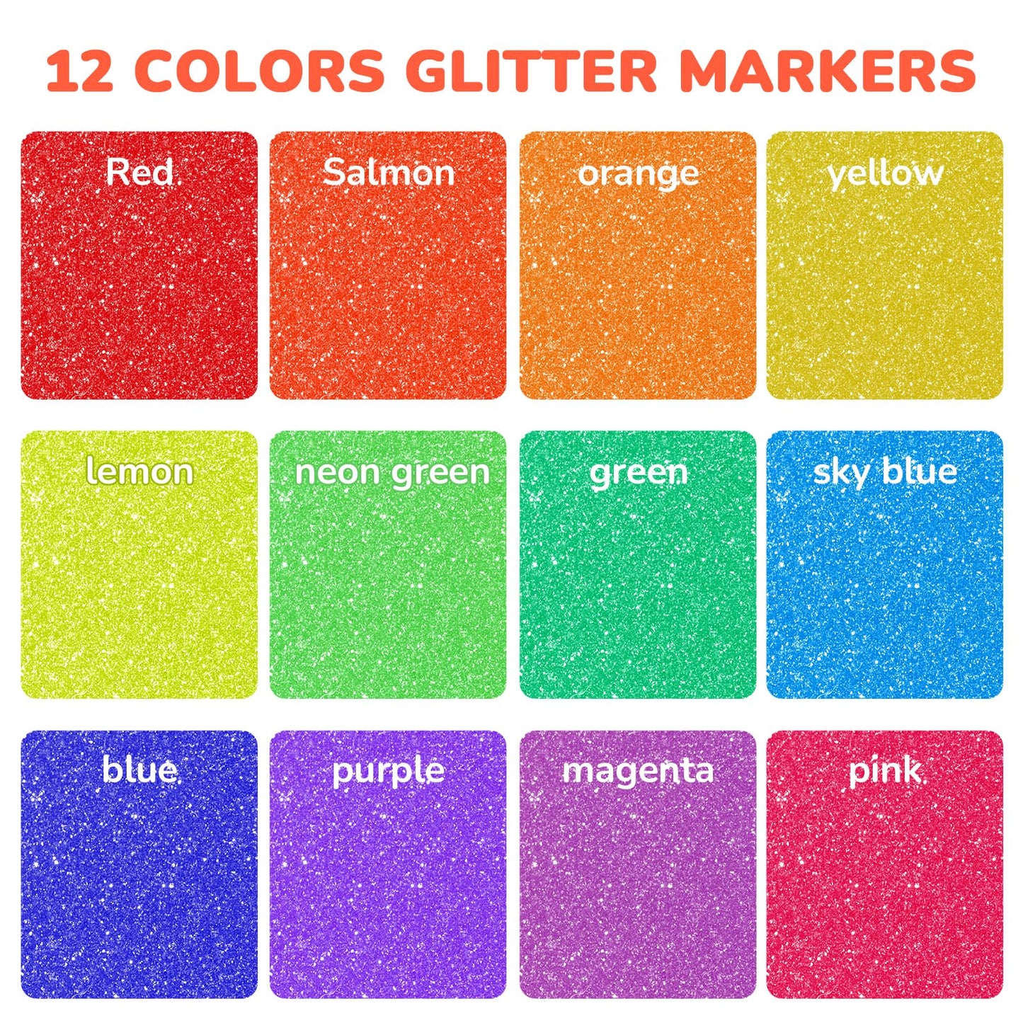 JoyCat 3mm Glitter Markers – 12 Vibrant Colors + 3ml Ink | Multi-Surface Pens