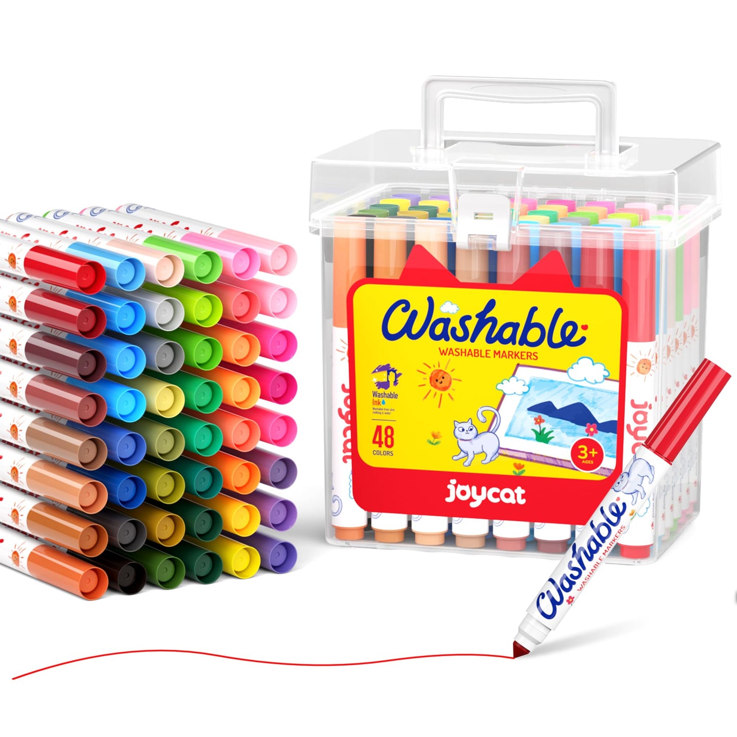 JoyCat 48 Count Washable Markers with Carrying Case – 48 Colors for Kids