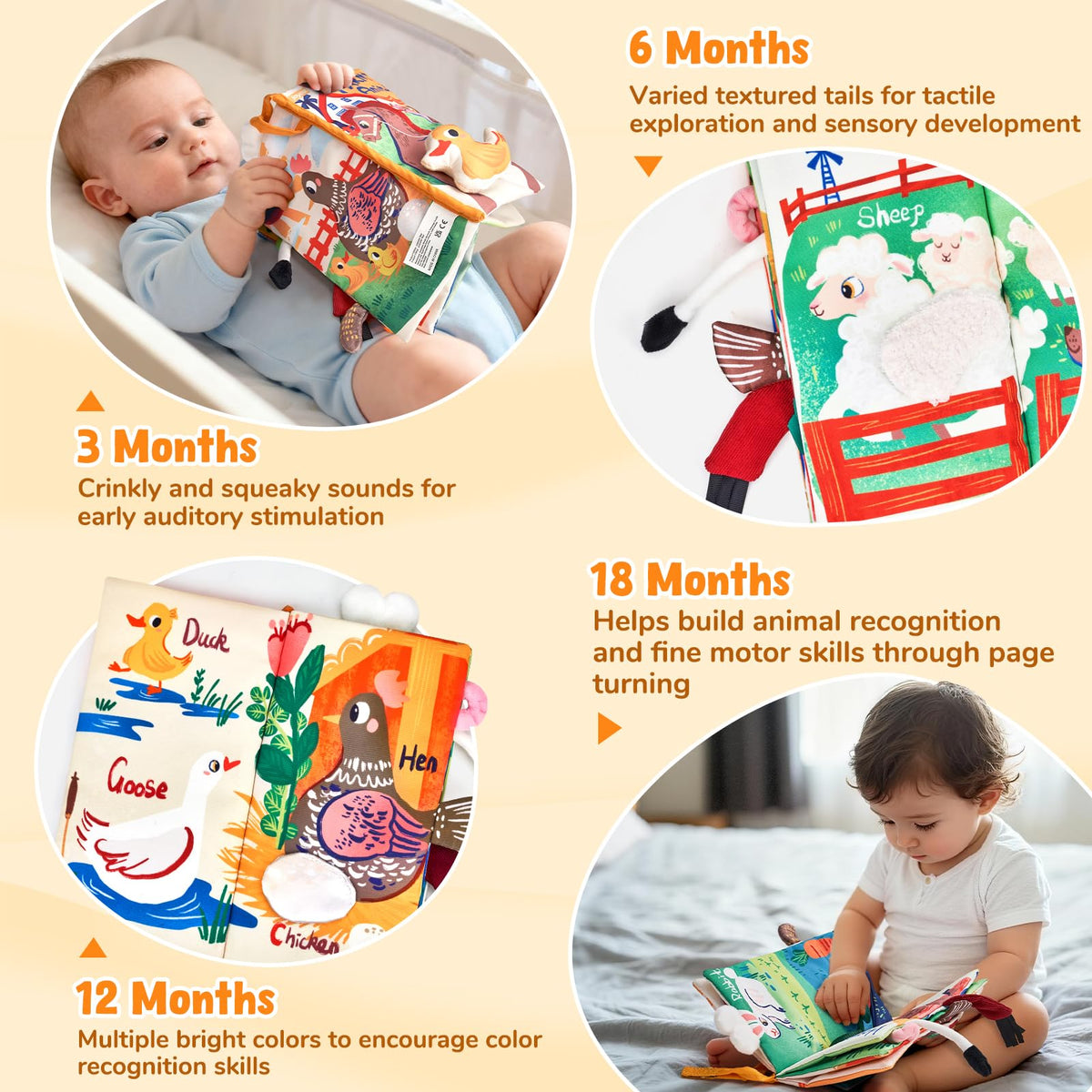 JoyCat Farm Tail Baby Books 0-12 Months | Tummy Time Crinkle Cloth Book with Detachable Duck