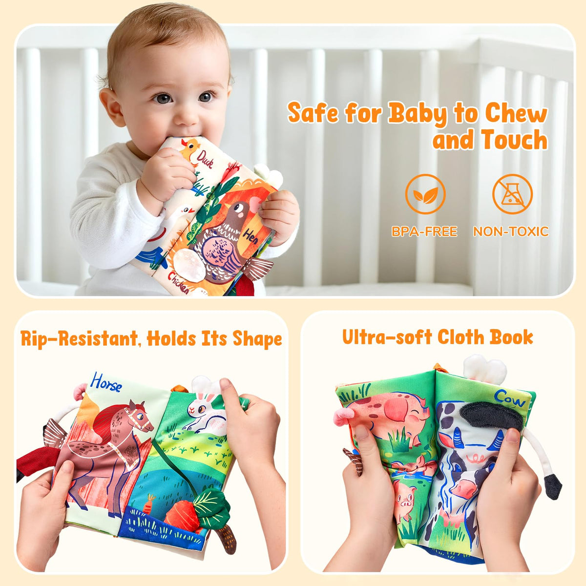 JoyCat Farm Tail Baby Books 0-12 Months | Tummy Time Crinkle Cloth Book with Detachable Duck