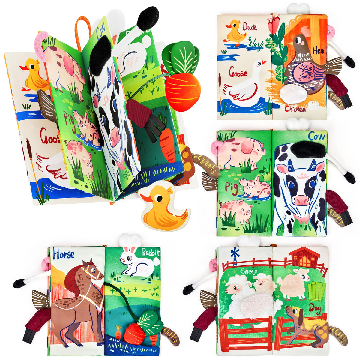 JoyCat Farm Tail Baby Books 0-12 Months | Tummy Time Crinkle Cloth Book with Detachable Duck