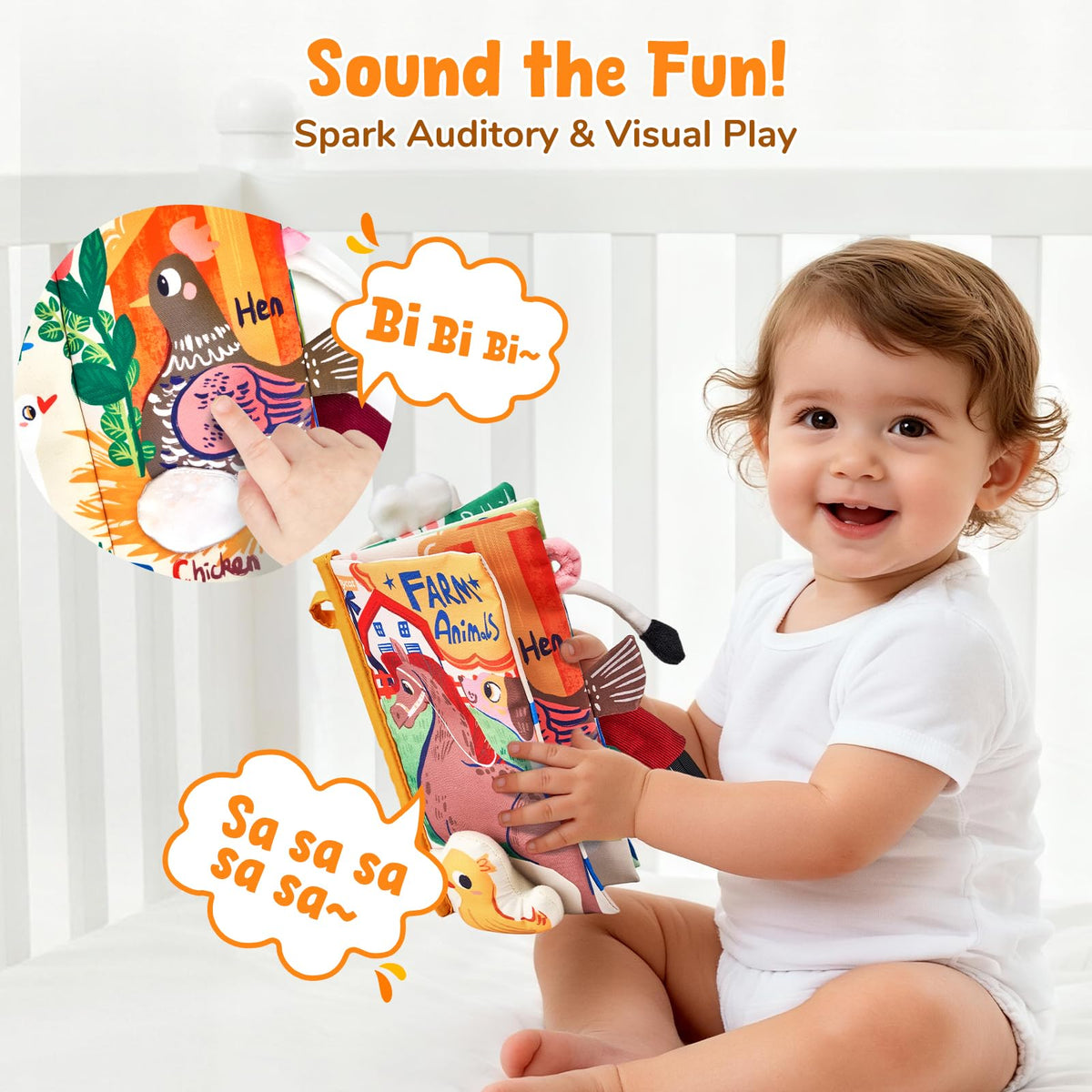 JoyCat Farm Tail Baby Books 0-12 Months | Tummy Time Crinkle Cloth Book with Detachable Duck