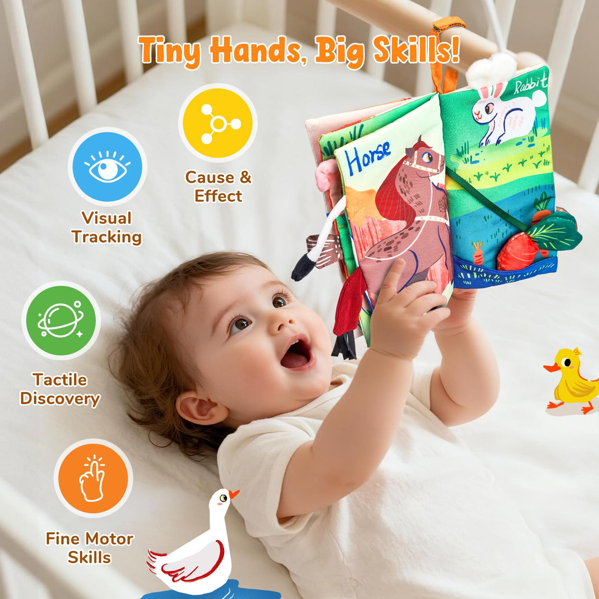 JoyCat Farm Tail Baby Books 0-12 Months | Tummy Time Crinkle Cloth Book with Detachable Duck