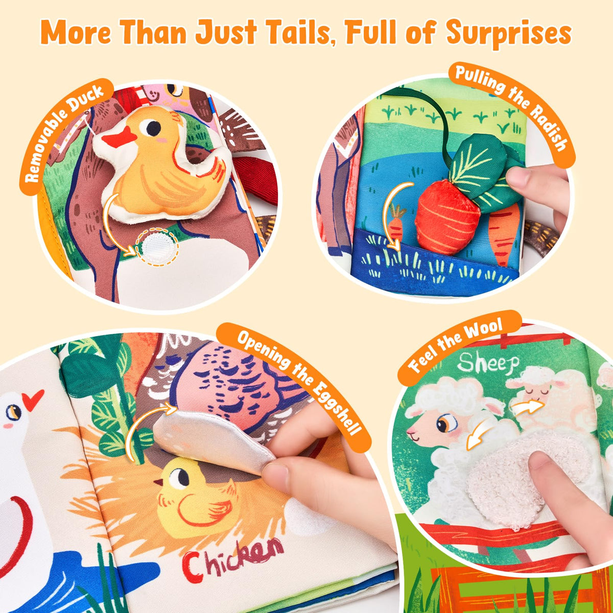 JoyCat Farm Tail Baby Books 0-12 Months | Tummy Time Crinkle Cloth Book with Detachable Duck