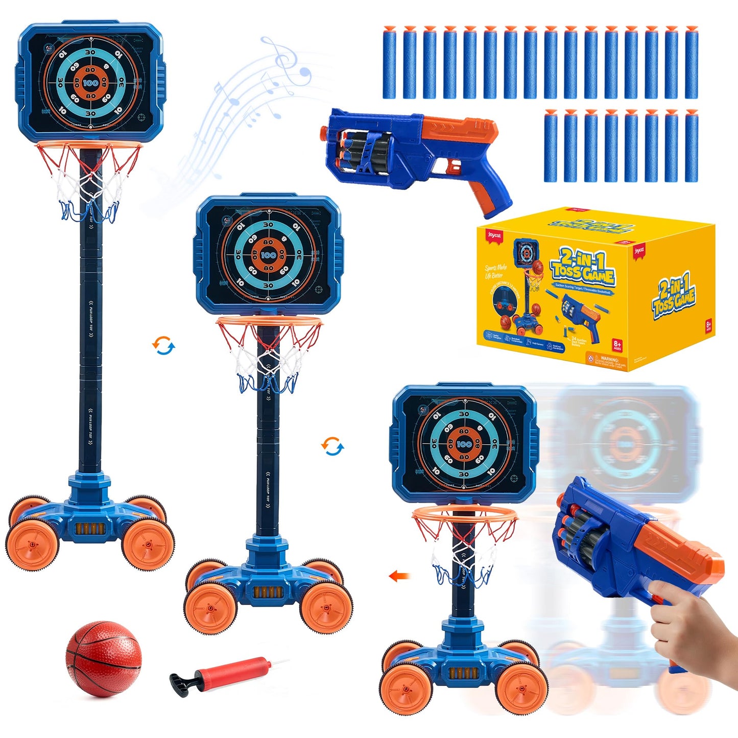 JoyCat 2-in-1 Shooting & Basketball Toy for Kids – Adjustable, Auto-Moving Target with Music
