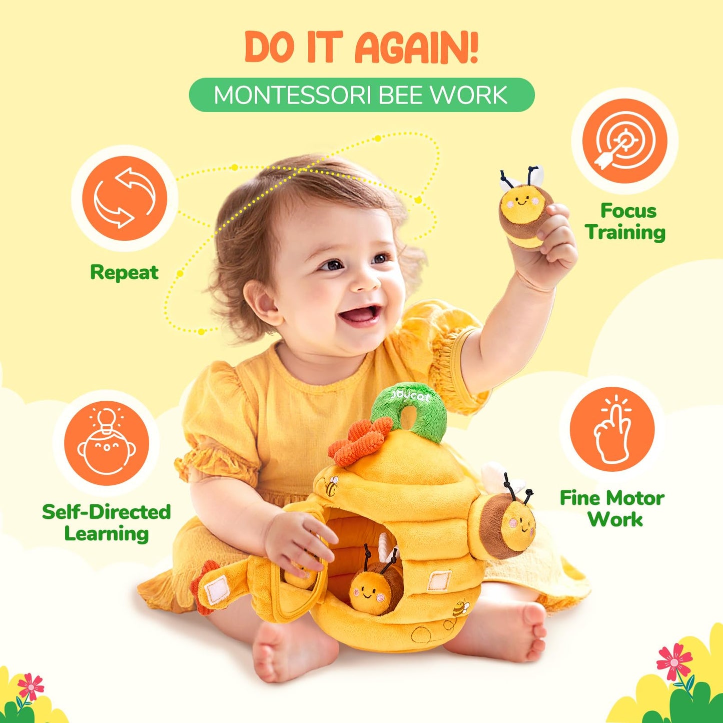 JoyCat Beehive Baby Toy — 5 Sensory Bees, Montessori-Inspired for 6-12 Months