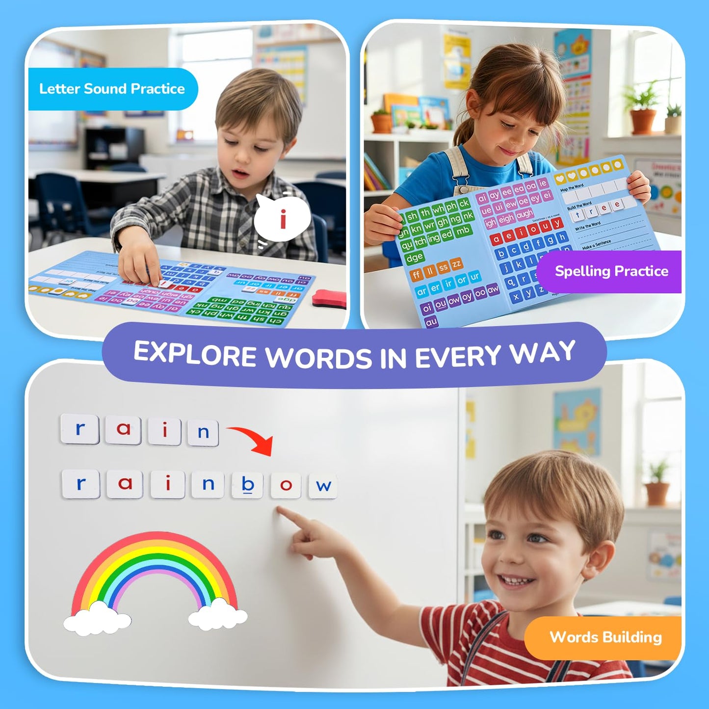 JoyCat 265 Phonics Magnetic Letter Tiles with 3-Folder Set | Portable Case for Classroom Phonics