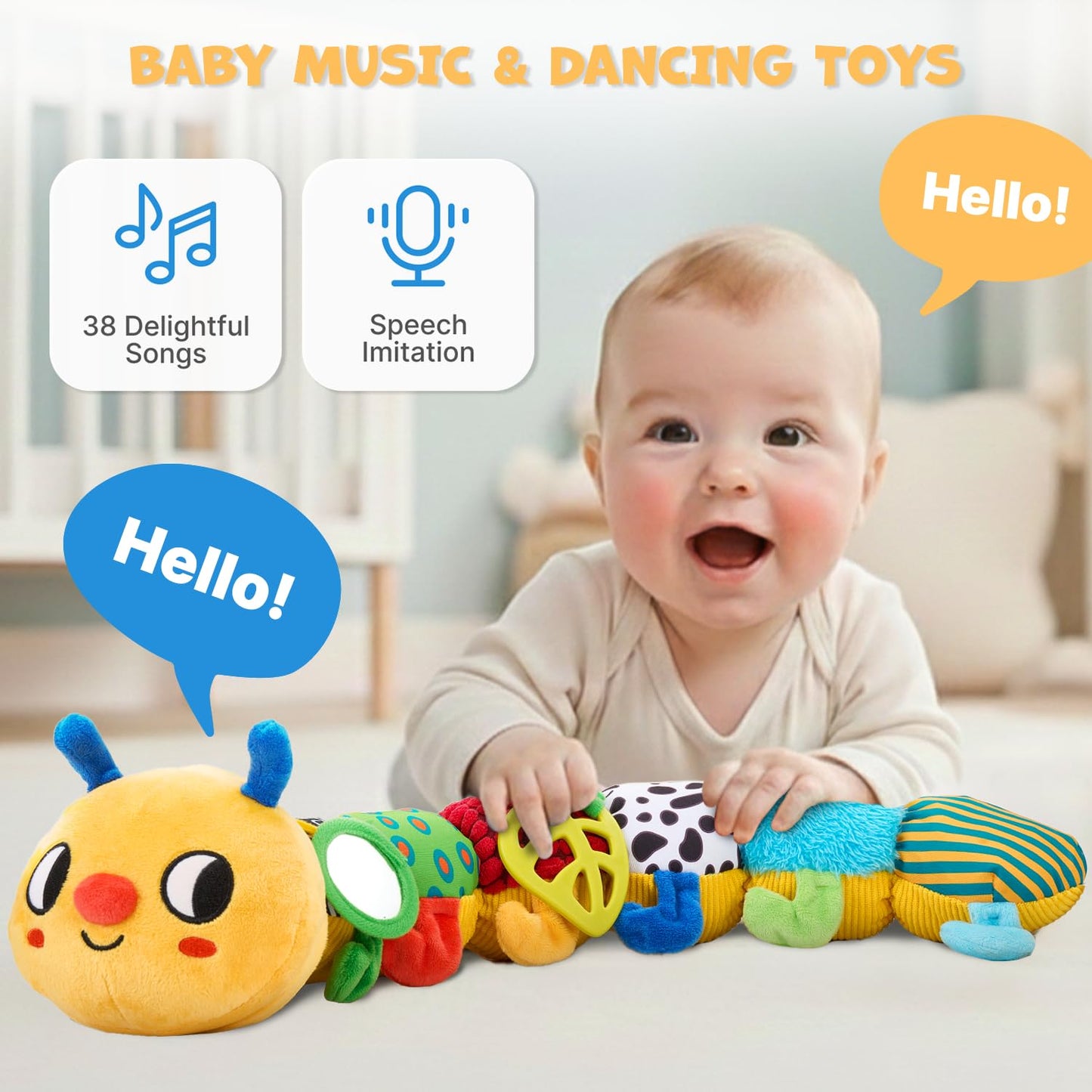 JoyCat Musical Crawling Caterpillar Plush Toy — 38 Songs & Recording, 0-18 Months
