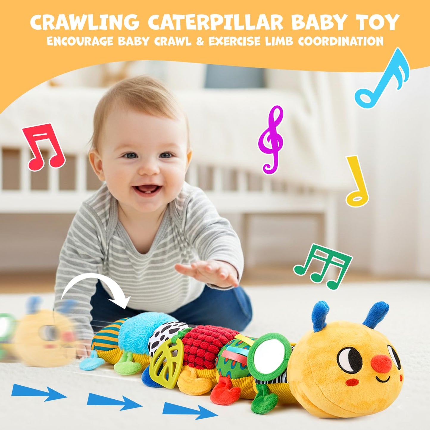 JoyCat Musical Crawling Caterpillar Plush Toy — 38 Songs & Recording, 0-18 Months