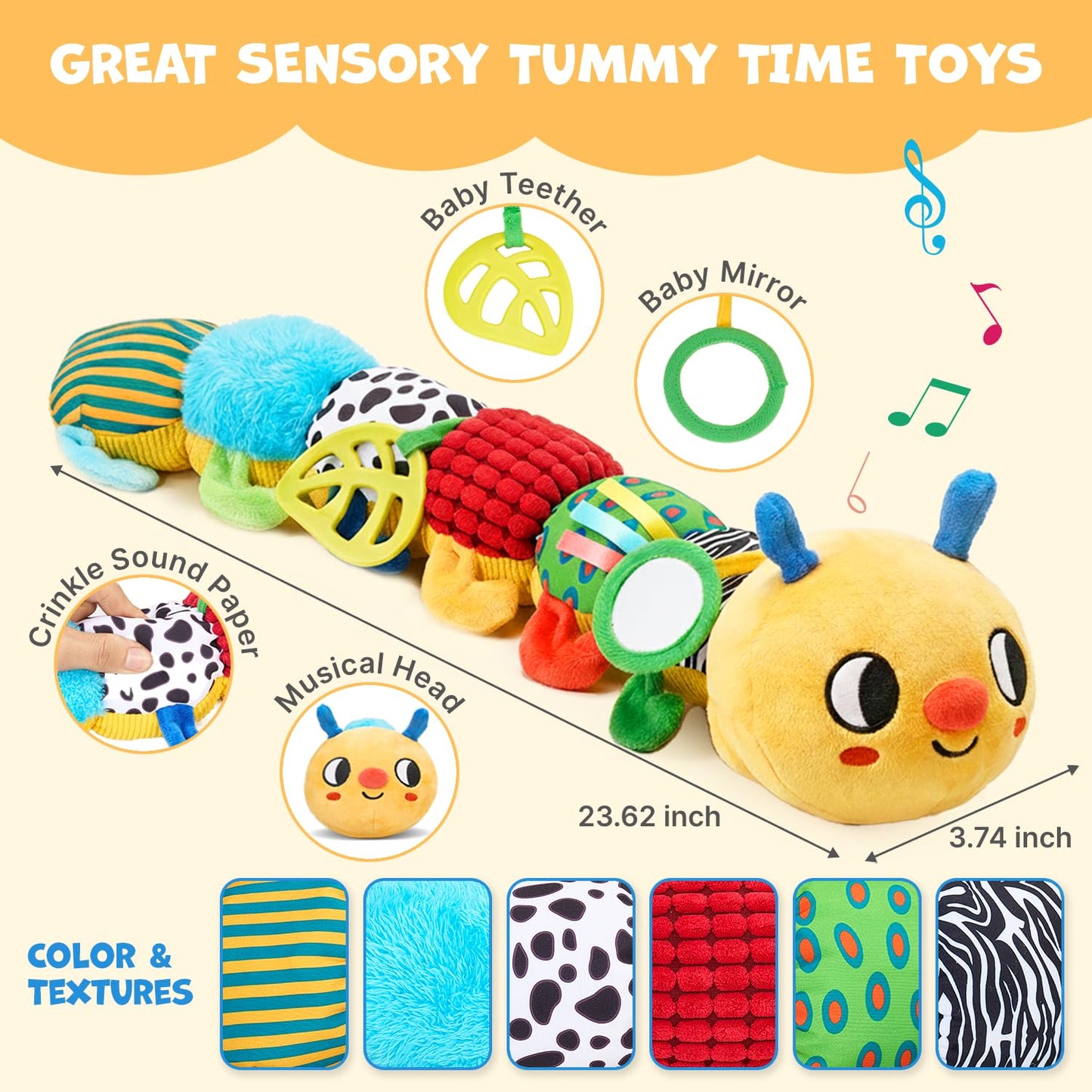 JoyCat Musical Crawling Caterpillar Plush Toy — 38 Songs & Recording, 0-18 Months