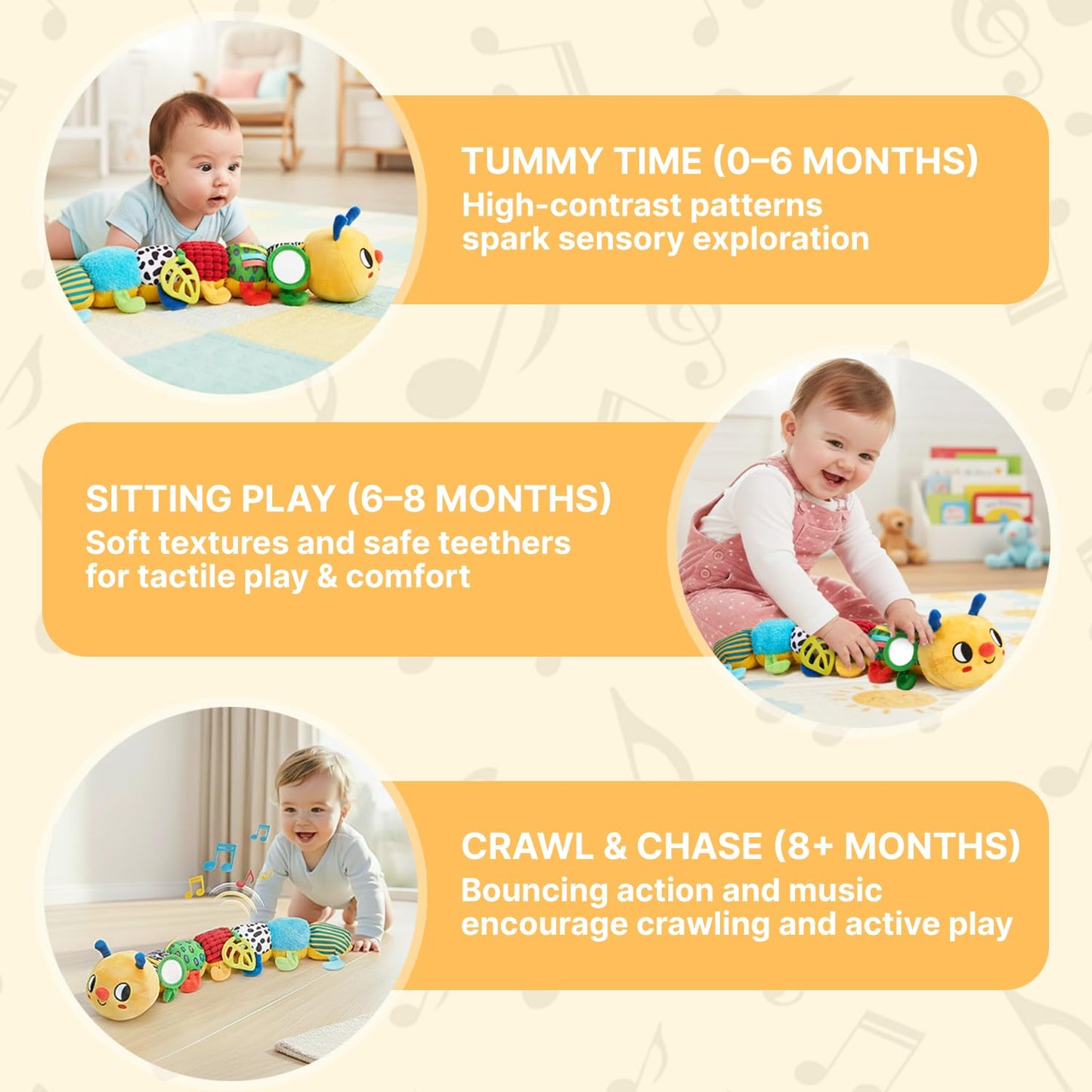 JoyCat Musical Crawling Caterpillar Plush Toy — 38 Songs & Recording, 0-18 Months
