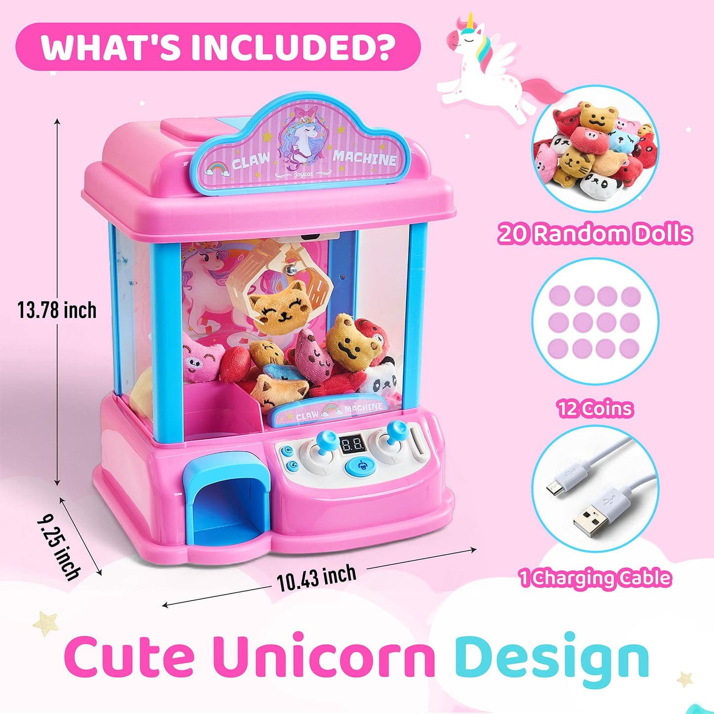 JoyCat Claw Machine for Kids – Unicorn Mini Arcade Game with 20 Plush Toys