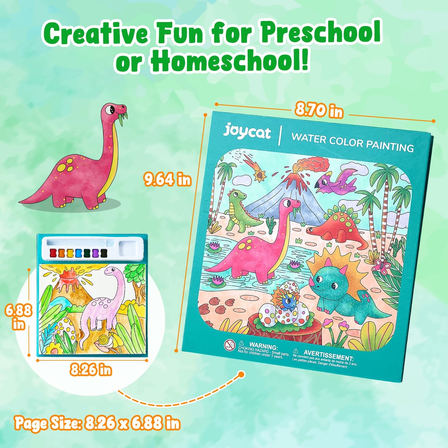 JoyCat Dinosaurs Watercolor Book – 3-in-1 No-Mess Painting Kit for Toddlers 3–5