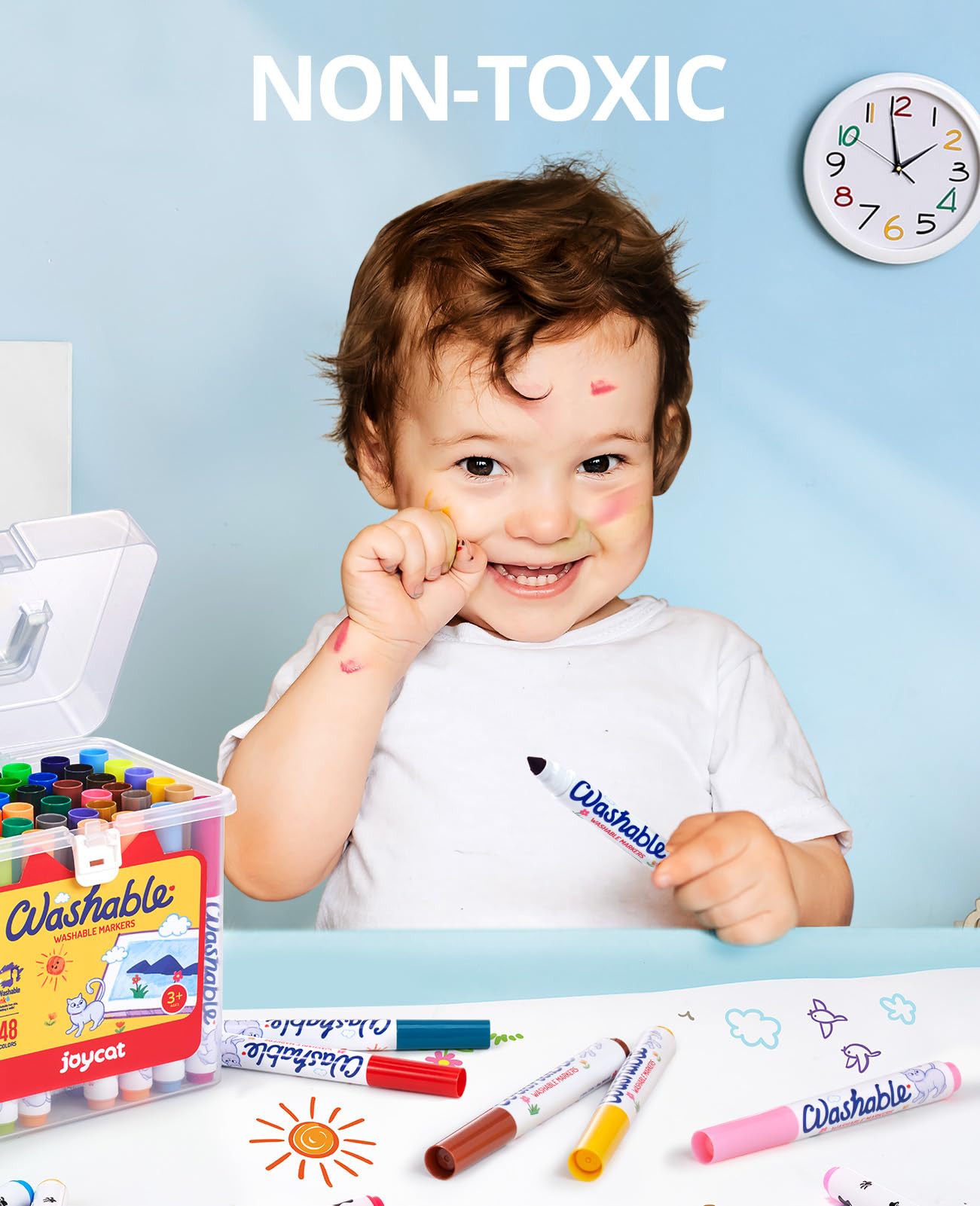 JoyCat 48 Count Washable Markers with Carrying Case – 48 Colors for Kids