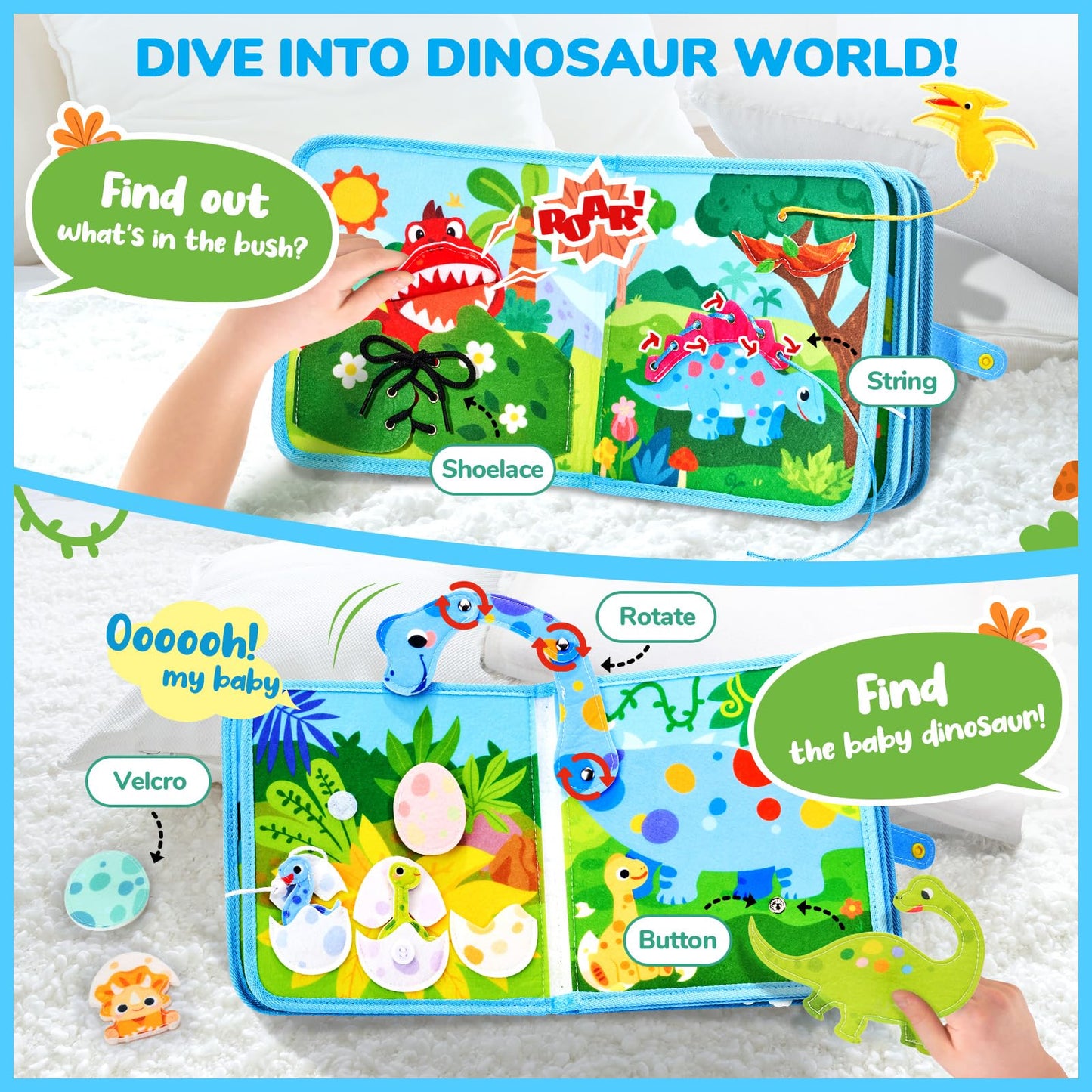 JoyCat Toddler Dinosaur Busy Book - 15-in-1 Travel Busy Board for 2-5 Year Olds