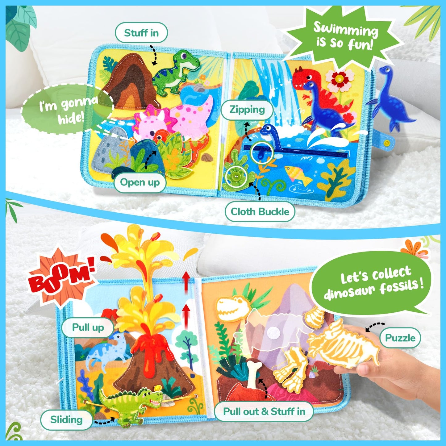 JoyCat Toddler Dinosaur Busy Book - 15-in-1 Travel Busy Board for 2-5 Year Olds
