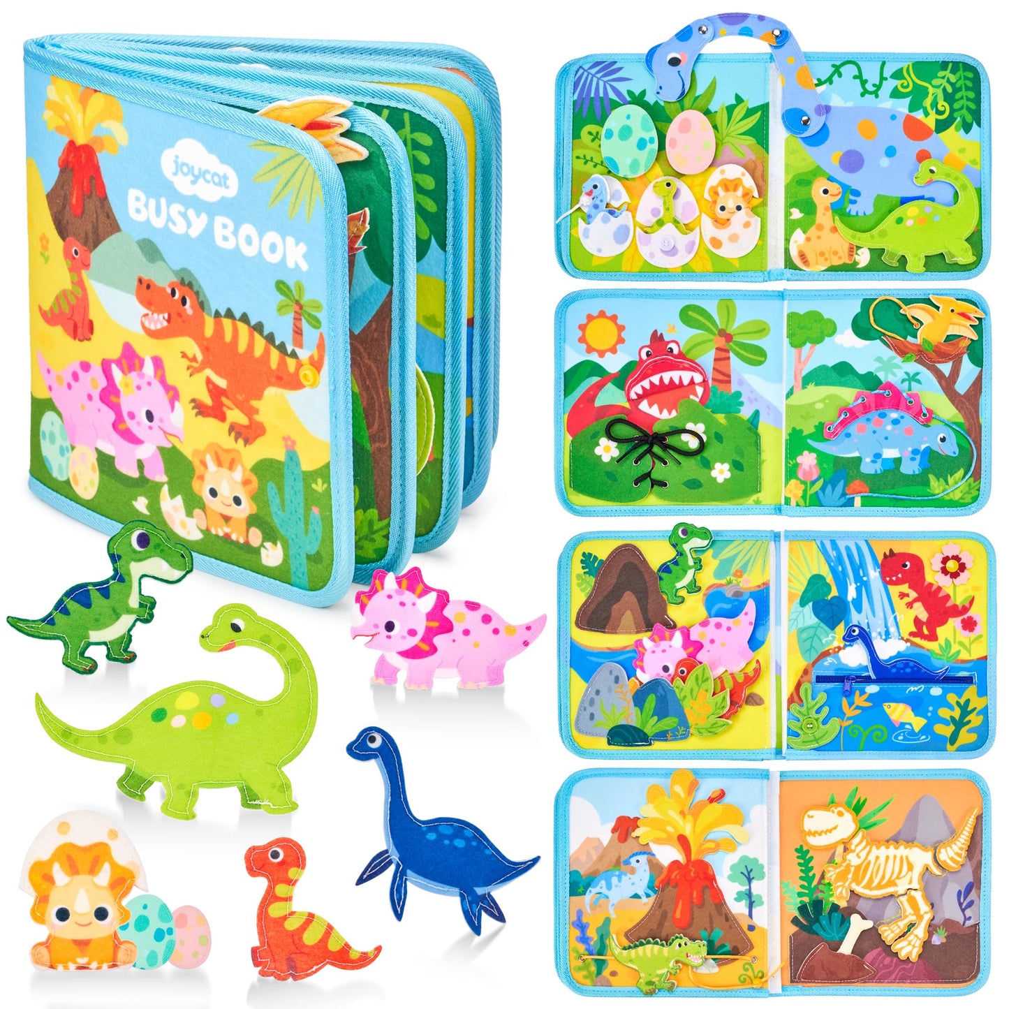 JoyCat Toddler Dinosaur Busy Book - 15-in-1 Travel Busy Board for 2-5 Year Olds