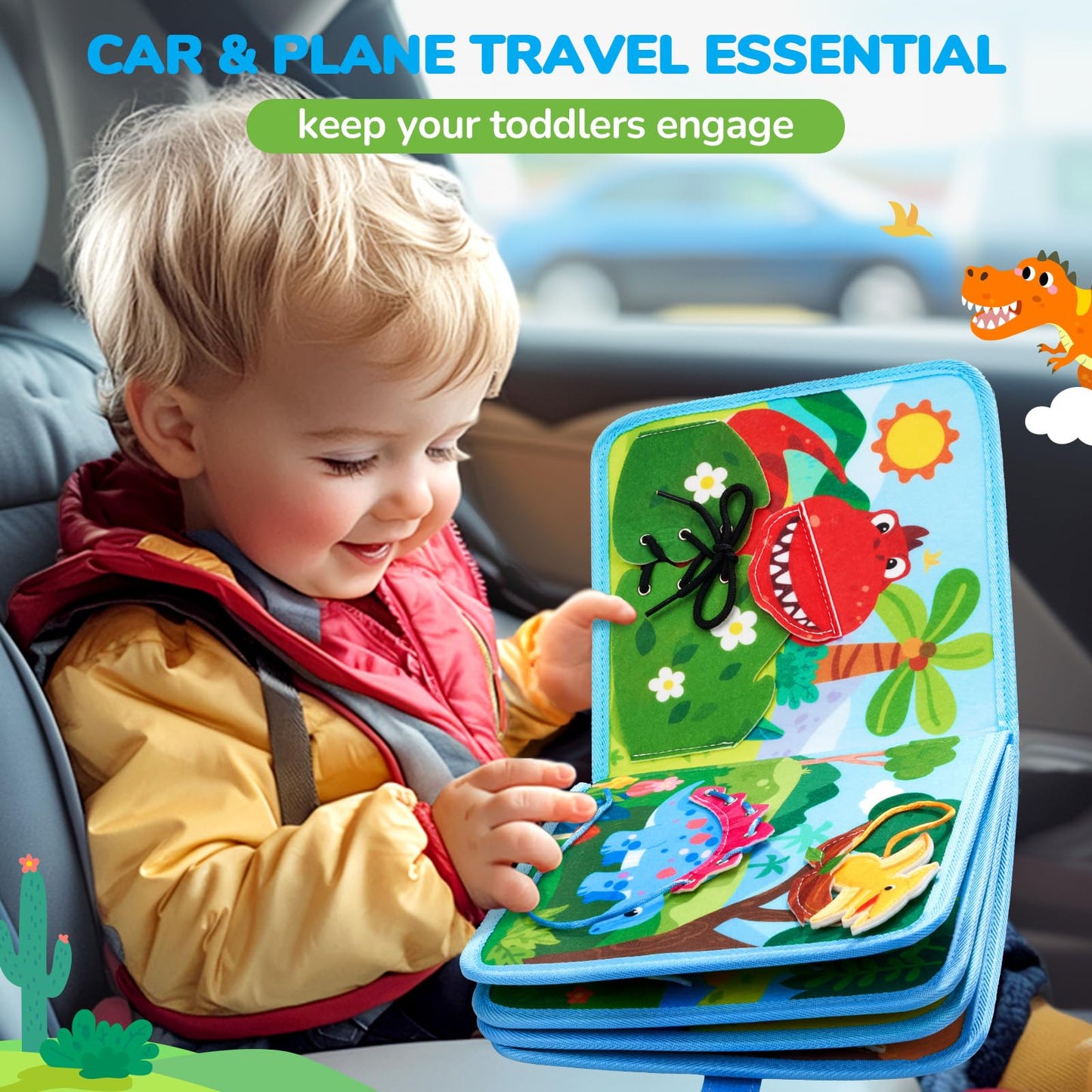 JoyCat Toddler Dinosaur Busy Book - 15-in-1 Travel Busy Board for 2-5 Year Olds