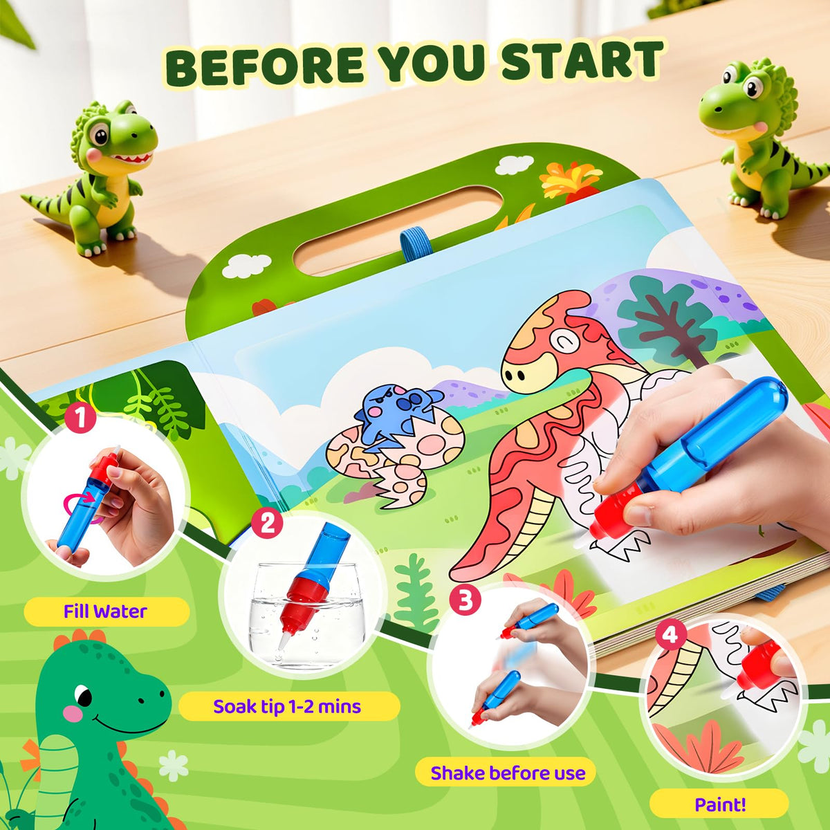 JoyCat Dinosaur Water Coloring Book for Toddlers – Mess-Free Reusable 13-Page Set