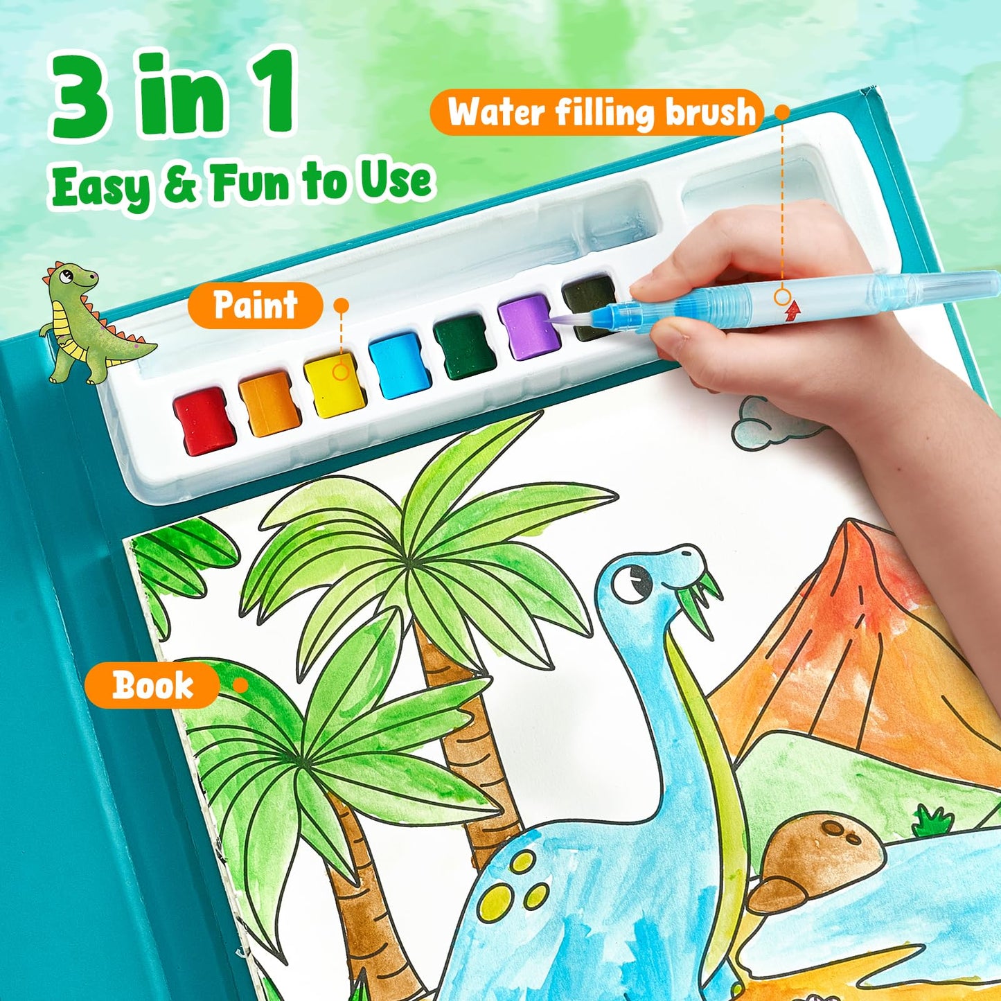 JoyCat Dinosaurs Watercolor Book – 3-in-1 No-Mess Painting Kit for Toddlers 3–5