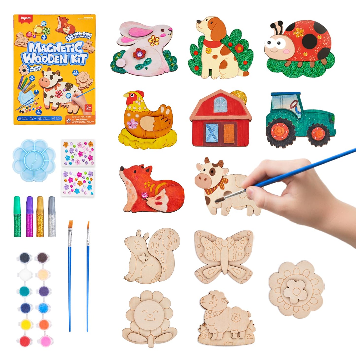 JoyCat DIY Wooden Magnets Kit – 13 Pcs Art Supplies for Kids 4–12 | Creative Magnetic Craft Gift