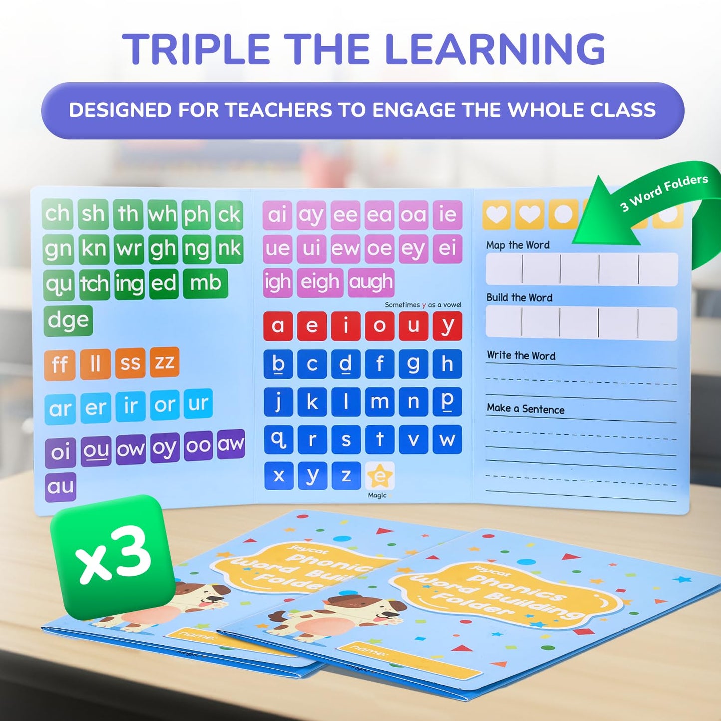 JoyCat 265 Phonics Magnetic Letter Tiles with 3-Folder Set | Portable Case for Classroom Phonics