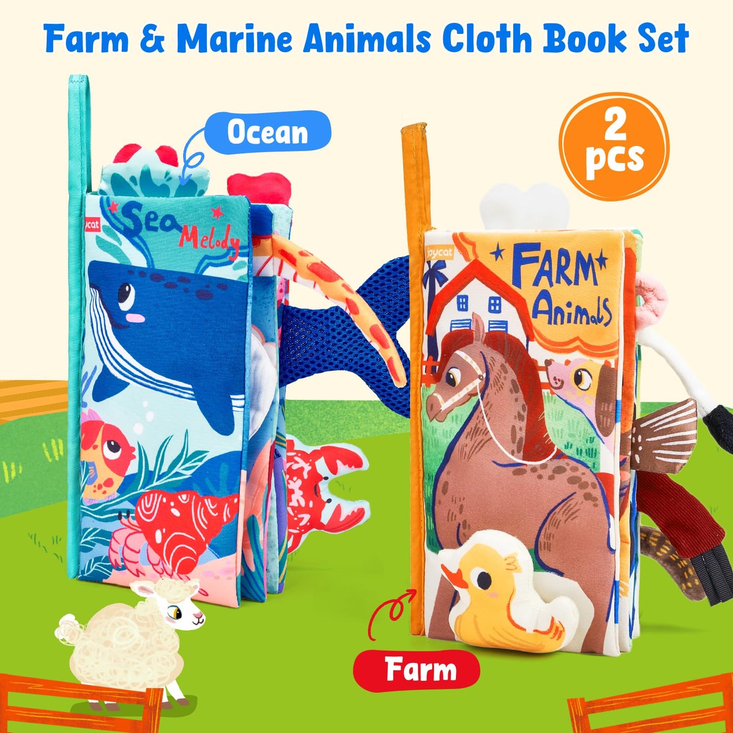 JoyCat 2-Pack Baby Cloth Books: Farm & Ocean Montessori Sensory Toys for 0-12 Months