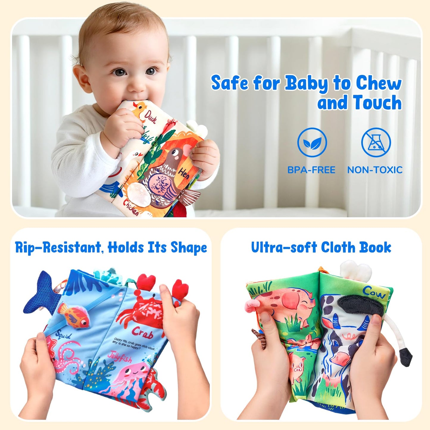 JoyCat 2-Pack Baby Cloth Books: Farm & Ocean Montessori Sensory Toys for 0-12 Months