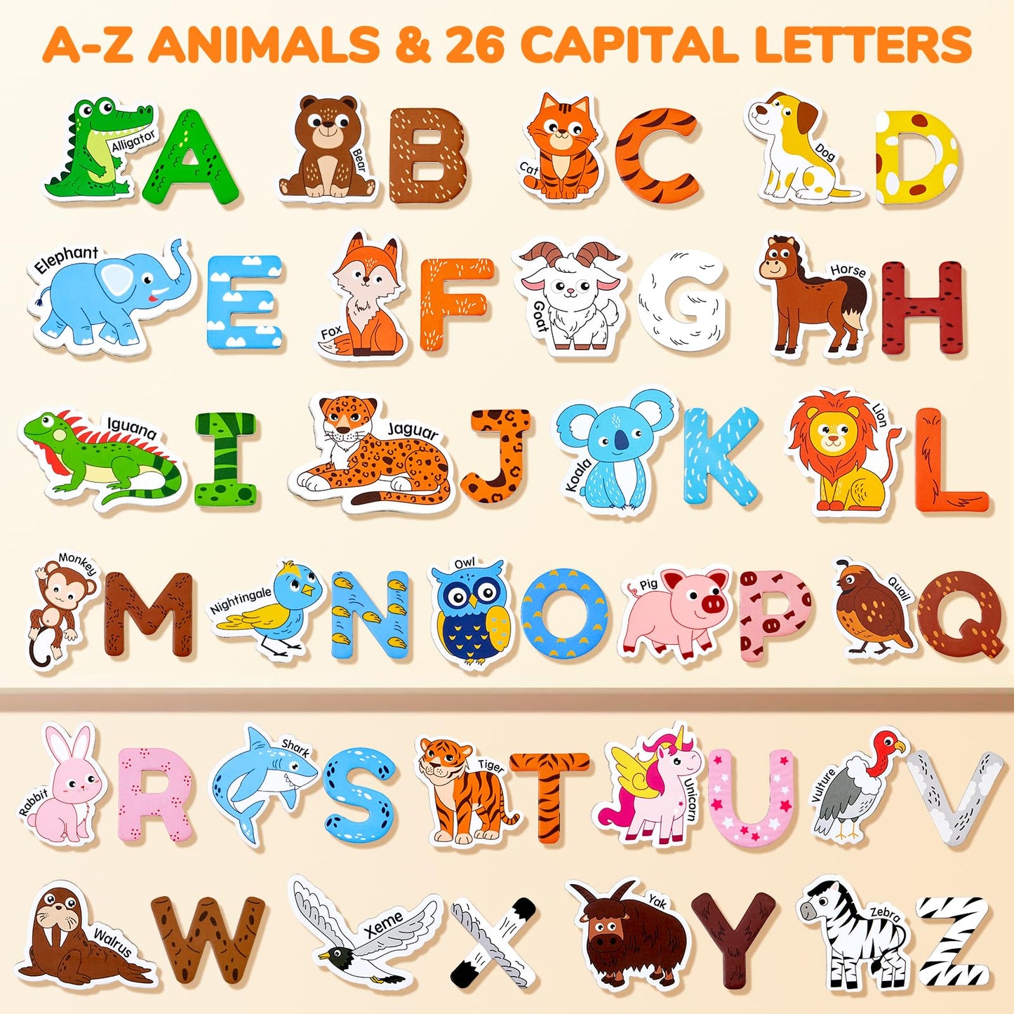JoyCat Wooden Fridge Magnets for Toddlers – 26 Animals & Alphabet Letters