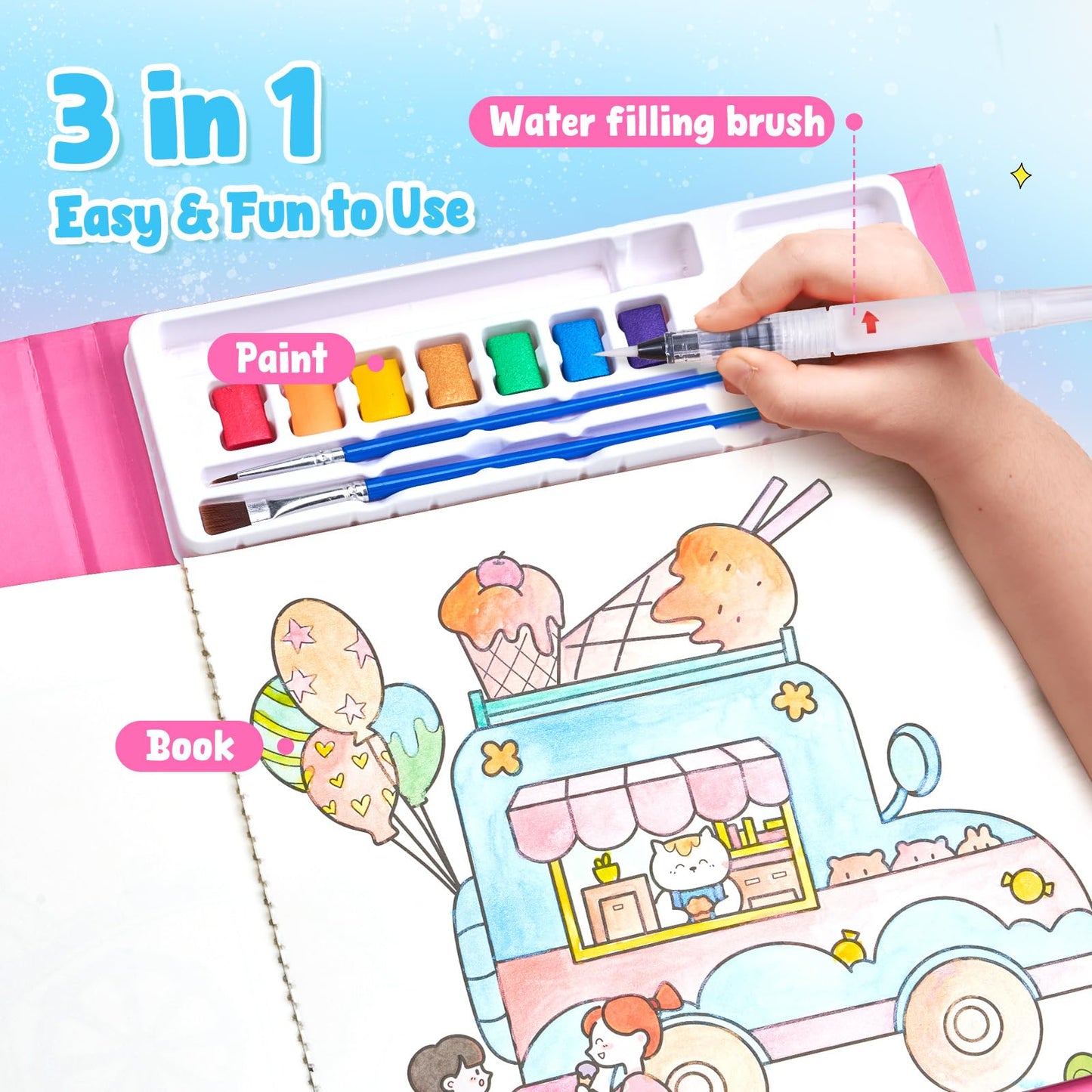 JoyCat 3-in-1 Watercolor Coloring Book for Toddlers – Paint with Water Set for Kids 3-5, 4-8