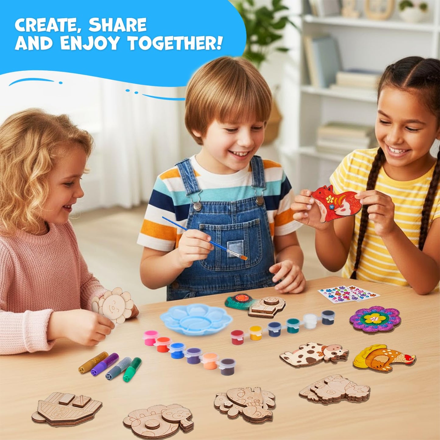 JoyCat DIY Wooden Magnets Kit – 13 Pcs Art Supplies for Kids 4–12 | Creative Magnetic Craft Gift