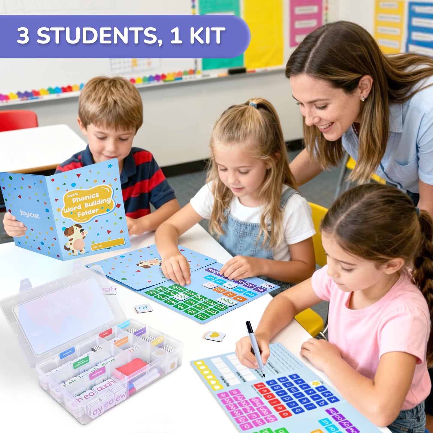JoyCat 265 Phonics Magnetic Letter Tiles with 3-Folder Set | Portable Case for Classroom Phonics