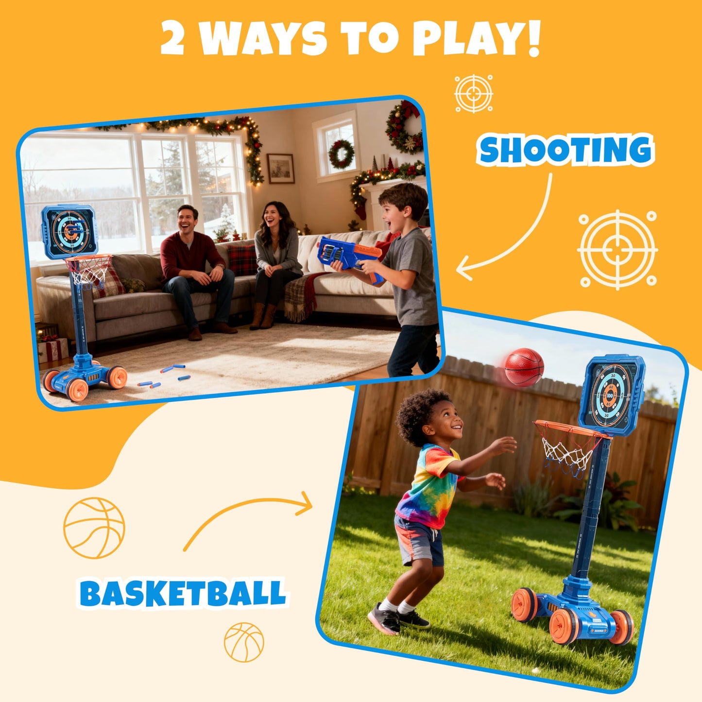 JoyCat 2-in-1 Shooting & Basketball Toy for Kids – Adjustable, Auto-Moving Target with Music
