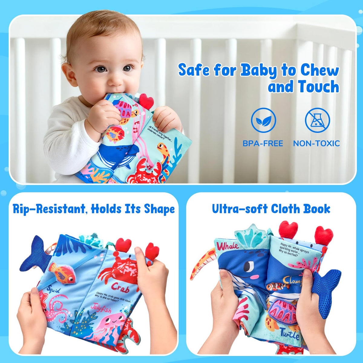 JoyCat Ocean Tummy Time Baby Book — Montessori Sensory Cloth Book with 3D Crab & Mirror