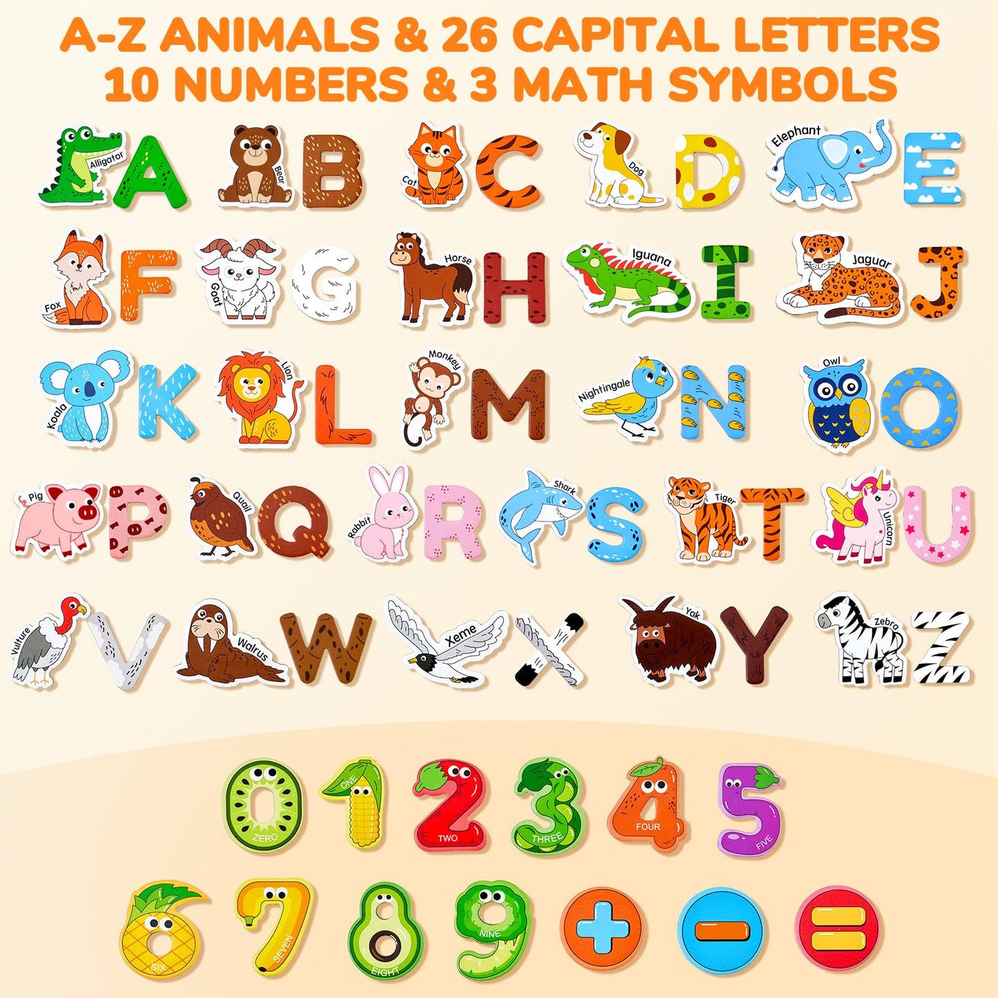 JoyCat Wooden Kids Magnets – 26 Animals, Alphabet Letters & 0-9 Numbers