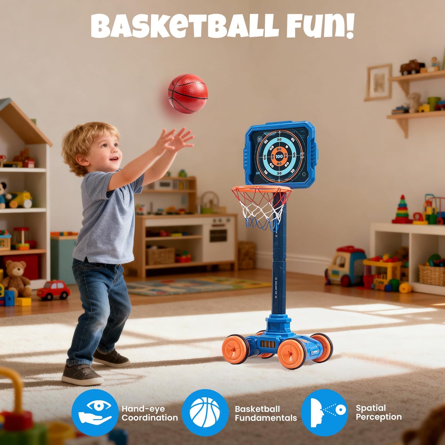 JoyCat 2-in-1 Shooting & Basketball Toy for Kids – Adjustable, Auto-Moving Target with Music