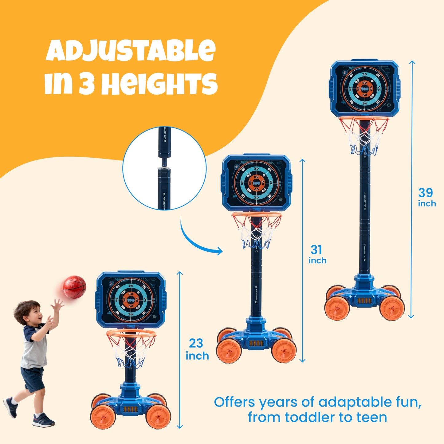 JoyCat 2-in-1 Shooting & Basketball Toy for Kids – Adjustable, Auto-Moving Target with Music