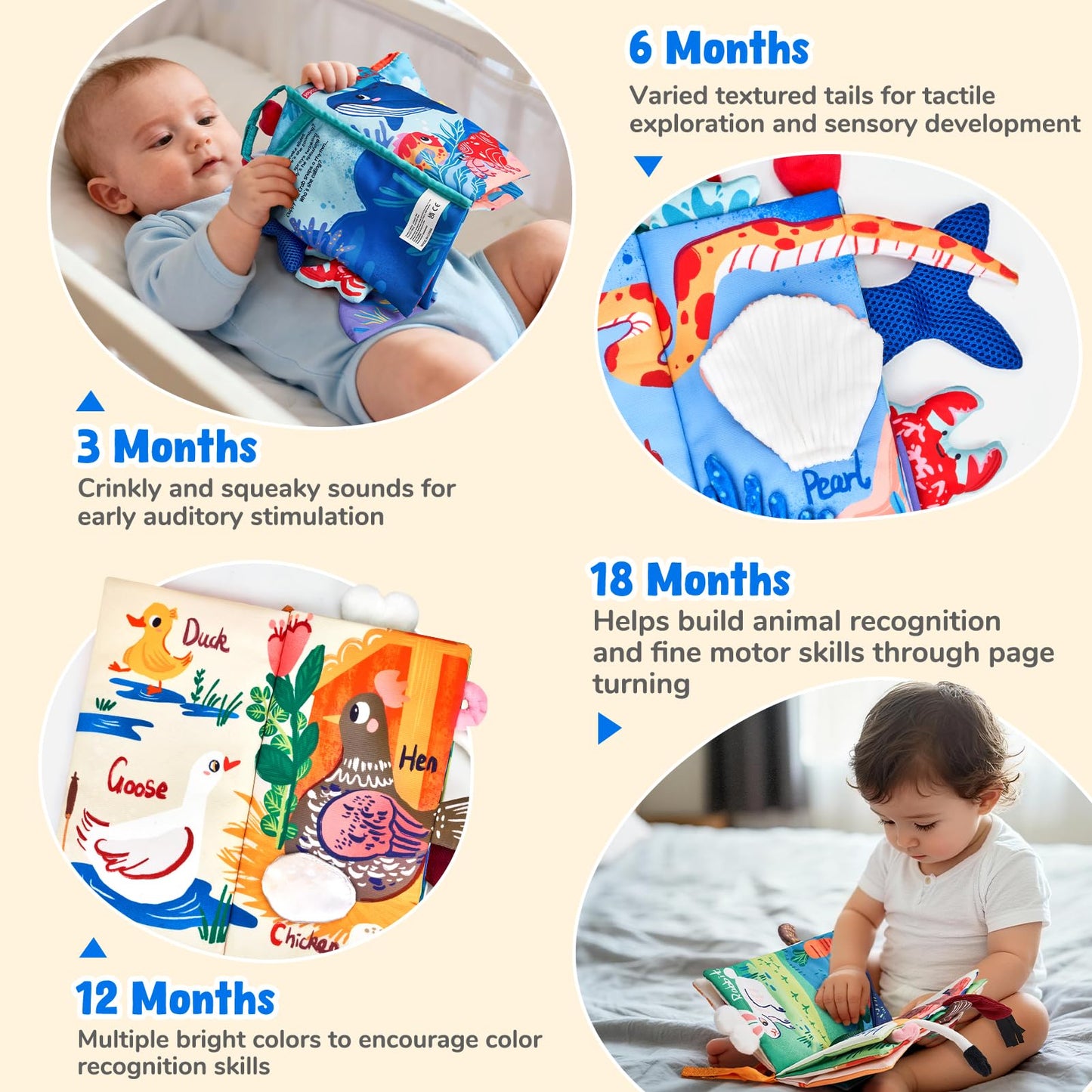 JoyCat 2-Pack Baby Cloth Books: Farm & Ocean Montessori Sensory Toys for 0-12 Months