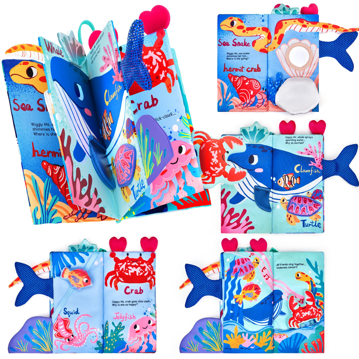 JoyCat Ocean Tummy Time Baby Book — Montessori Sensory Cloth Book with 3D Crab & Mirror