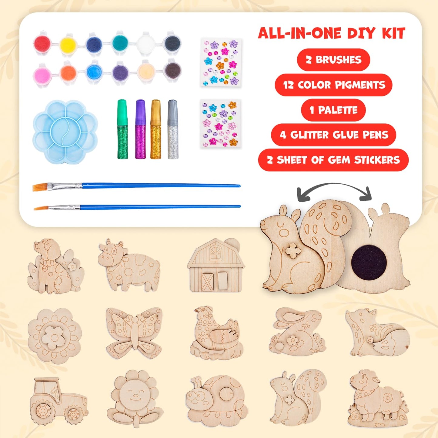 JoyCat DIY Wooden Magnets Kit – 13 Pcs Art Supplies for Kids 4–12 | Creative Magnetic Craft Gift