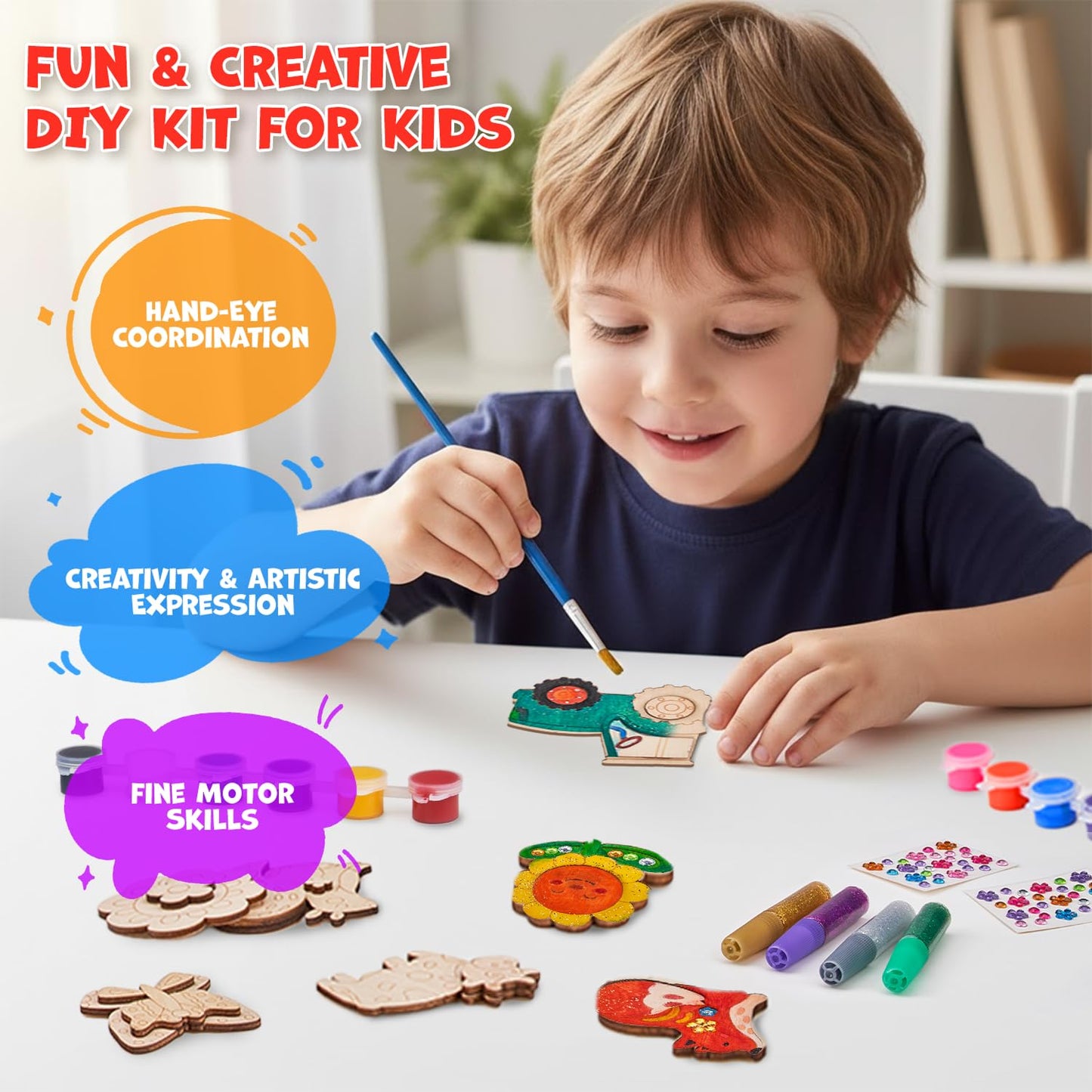 JoyCat DIY Wooden Magnets Kit – 13 Pcs Art Supplies for Kids 4–12 | Creative Magnetic Craft Gift