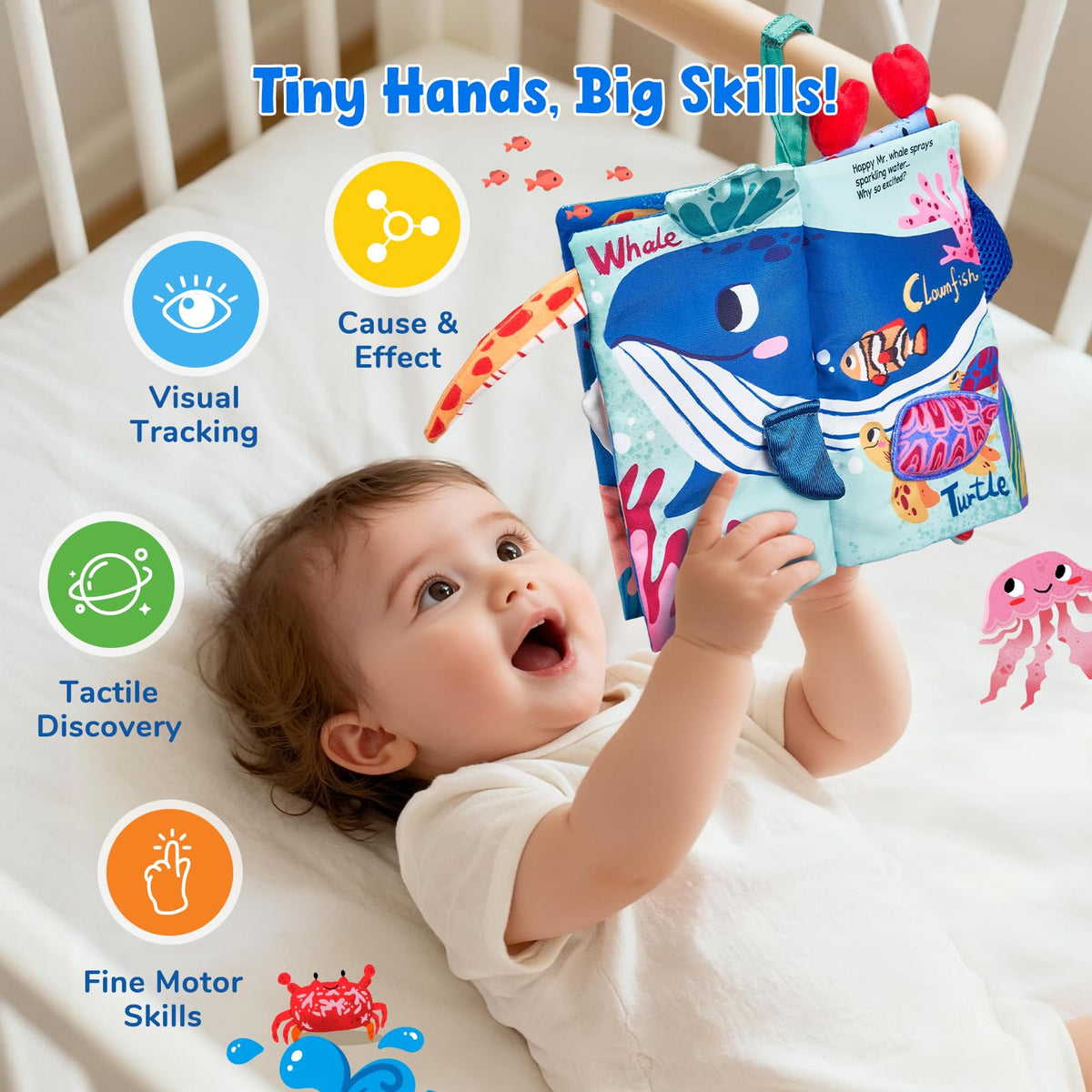JoyCat Ocean Tummy Time Baby Book — Montessori Sensory Cloth Book with 3D Crab & Mirror